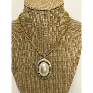 MONET Signed Silver & Gold Tone Faux Pearl Oval Pendant Necklace 13.5”-16.5”